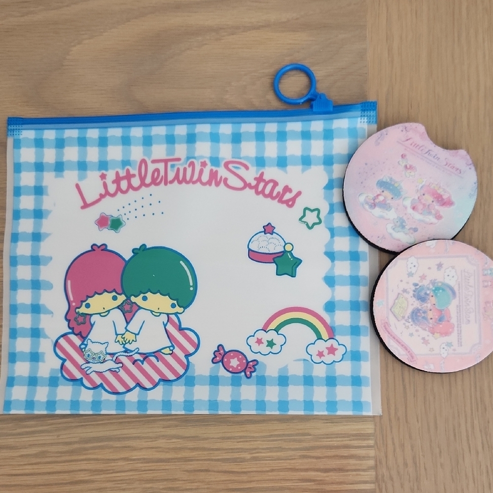 Little Twin Stars Blue and White Pouch And Car Coaster Set!